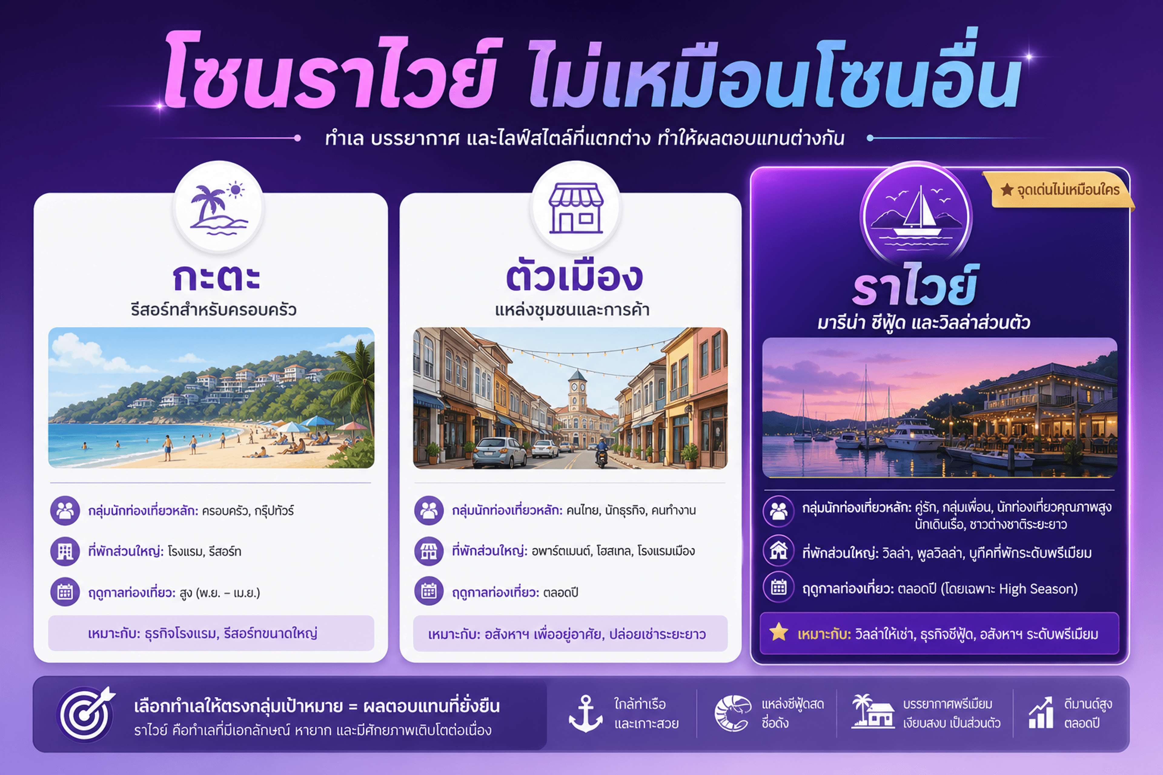 เปรียบเทียบ 3 โซน — กะตะ (ครอบครัวริมหาด) · ตัวเมือง (ลูกค้าไทย) · ราไวย์ (ทะเล · มารีน่า · villa)