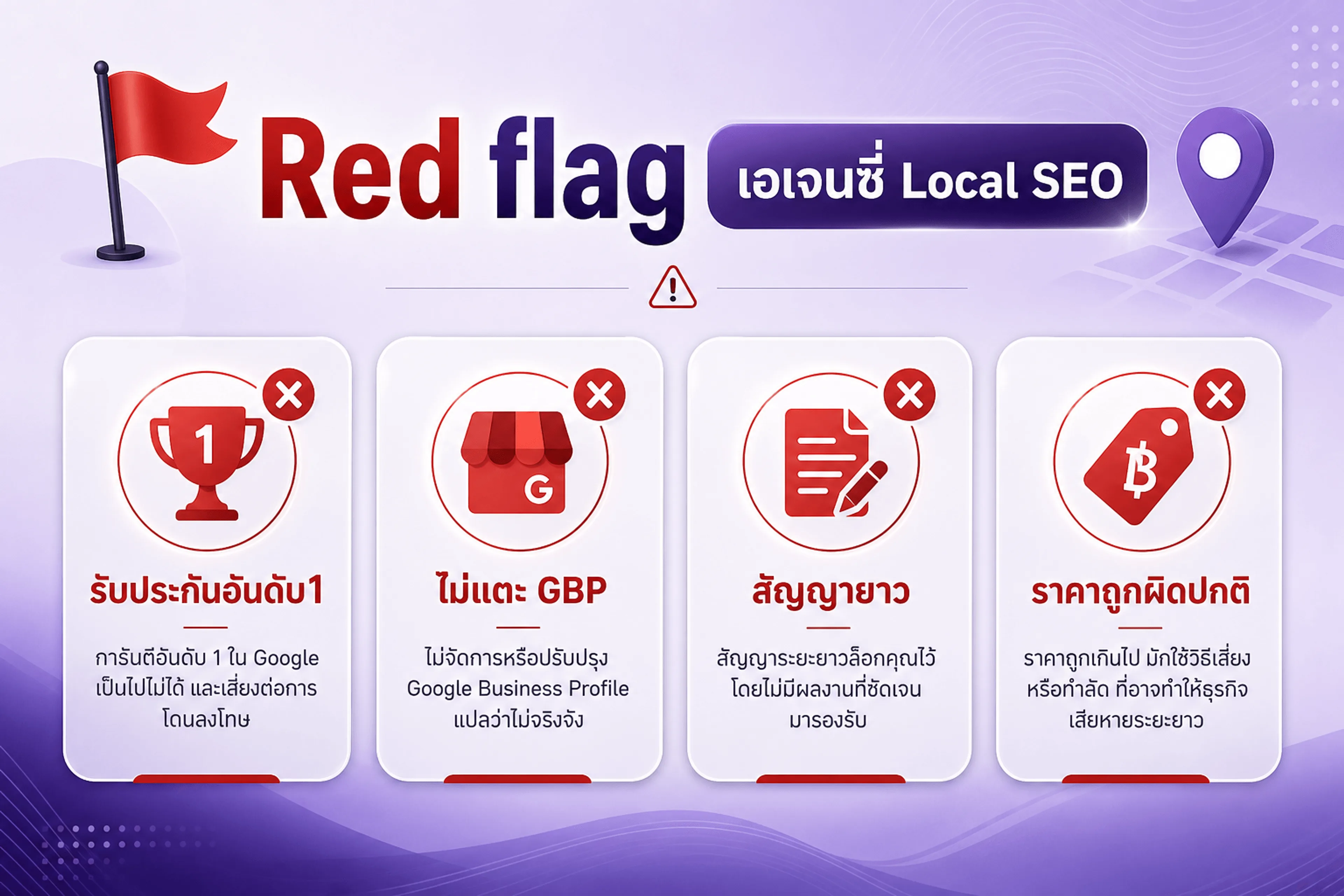 Red flag เอเจนซี่ Local SEO — รับประกันอันดับ 1 สัญญาผูกมัด ไม่แตะ GBP