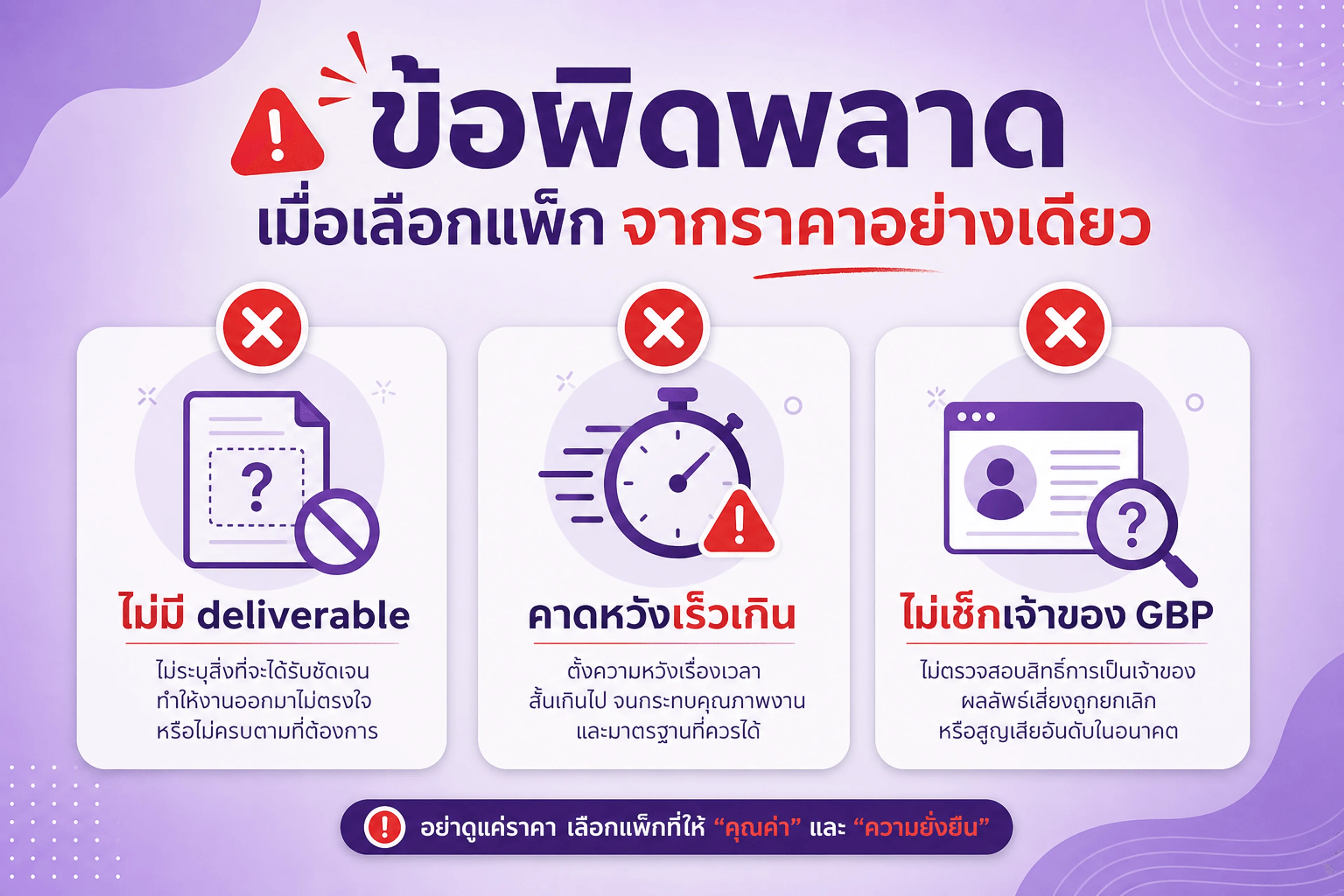 ข้อผิดพลาดเมื่อเลือกแพ็ก Local SEO จากราคาอย่างเดียว