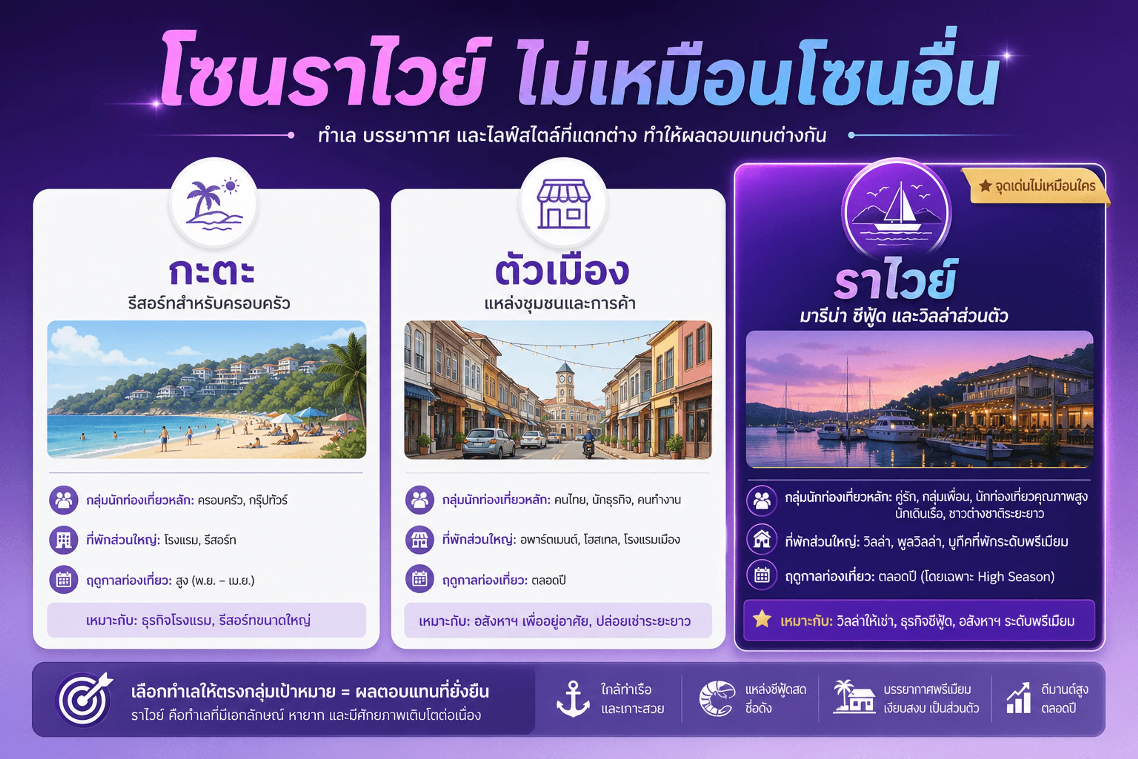 เปรียบเทียบ 3 โซน — กะตะ (ครอบครัวริมหาด) · ตัวเมือง (ลูกค้าไทย) · ราไวย์ (ทะเล · มารีน่า · villa)